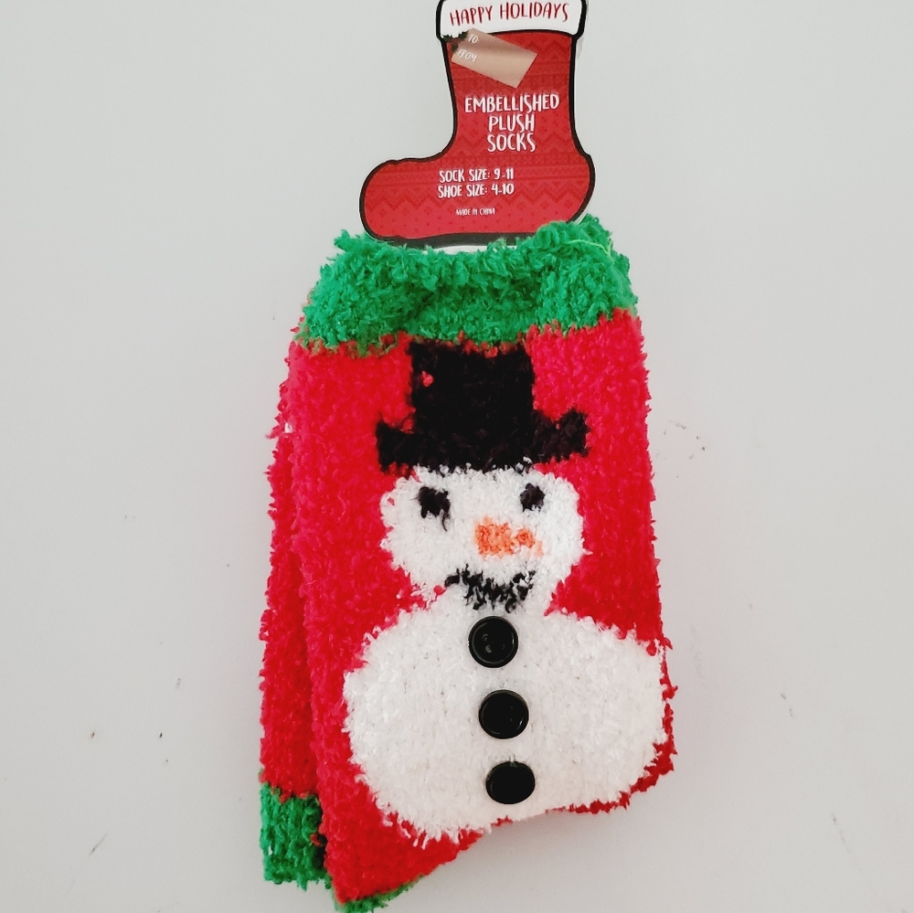2/$15 Happy Holidays Embellished Plush Socks Snowman